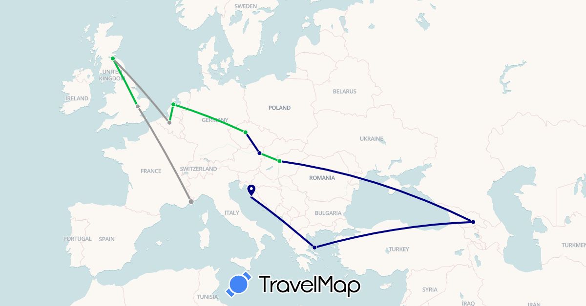 TravelMap itinerary: driving, bus, plane in Austria, Belgium, Czech Republic, France, United Kingdom, Georgia, Greece, Croatia, Hungary, Netherlands (Asia, Europe)
